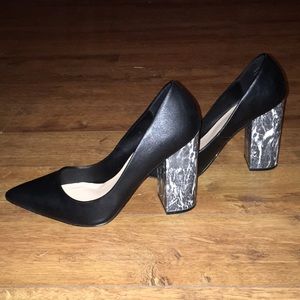 Black marbled block heels